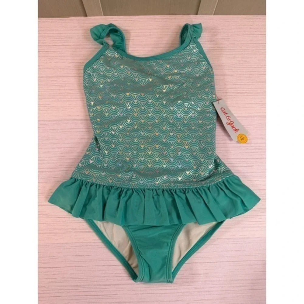 Cat & Jack Girls Medium Plus 8 Turquoise Mermaid Scale One Piece Swimsuit Ruffle